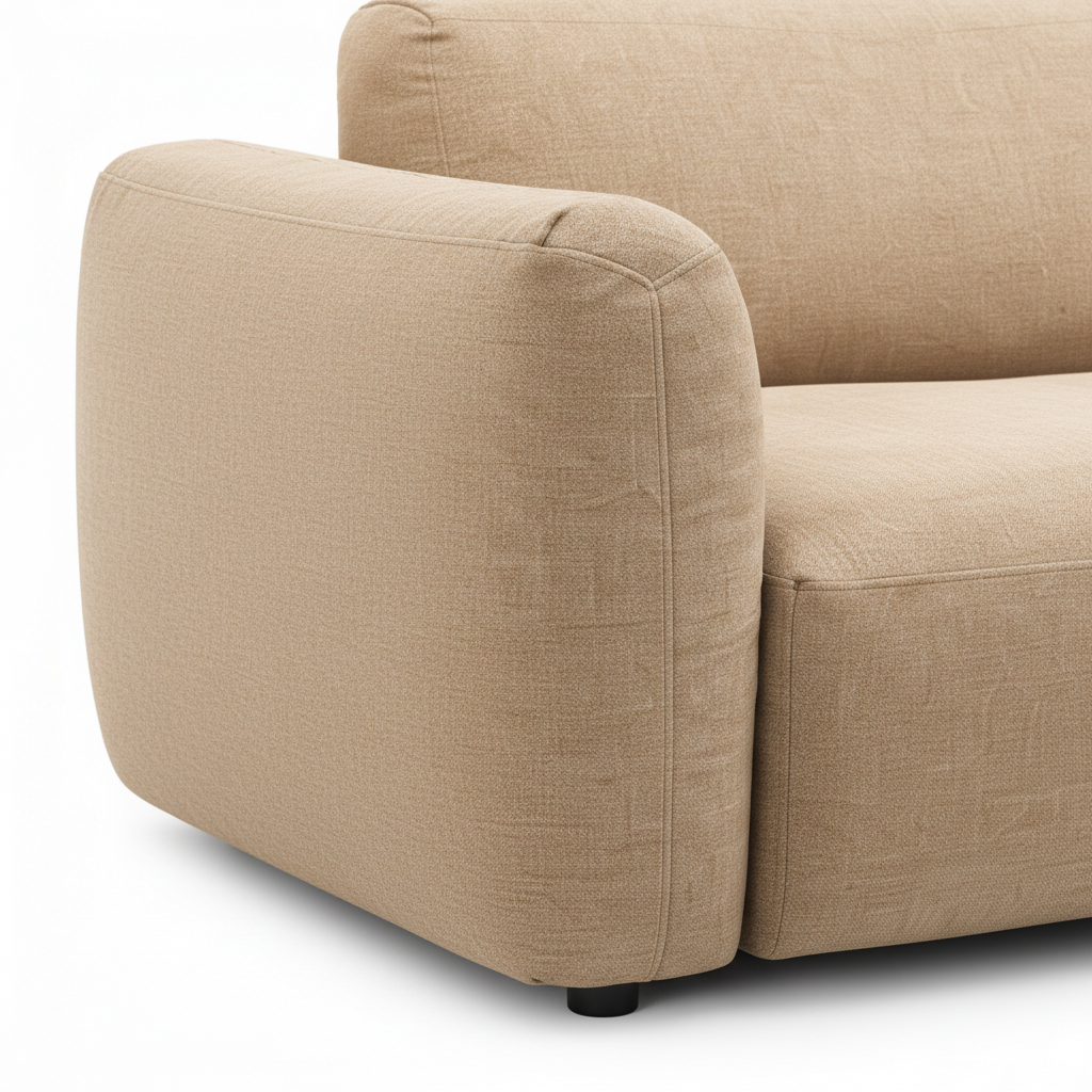 Bellunoir Sofa taupe fabric right arm and short foot close-up