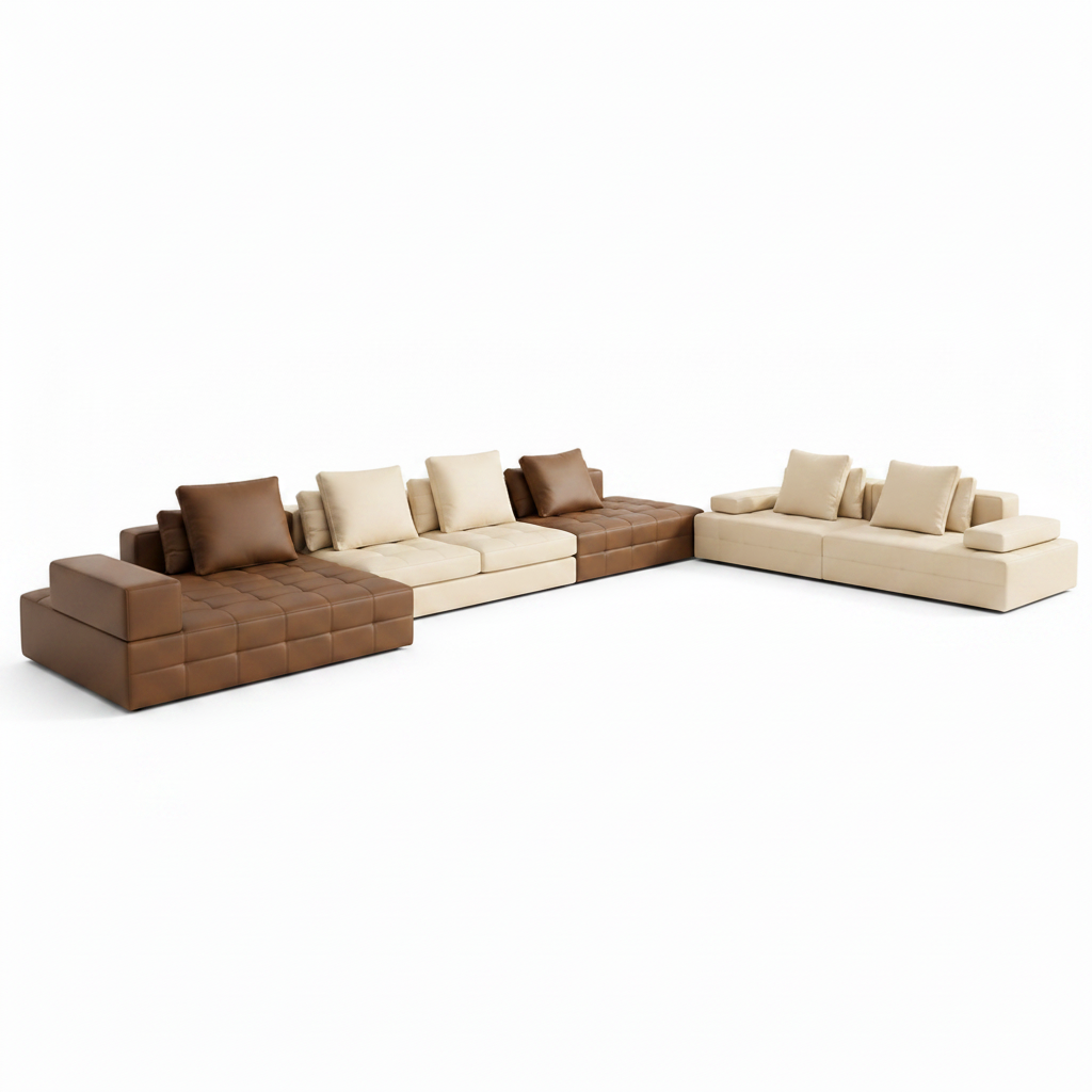 Brenoir Noir Sofa modular sectional sofa, right front angle highlighting the ivory chaise and cushions on white
