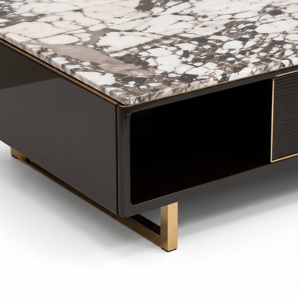 Uverne Coffee Table black wood veneer side panel and gold leg detail