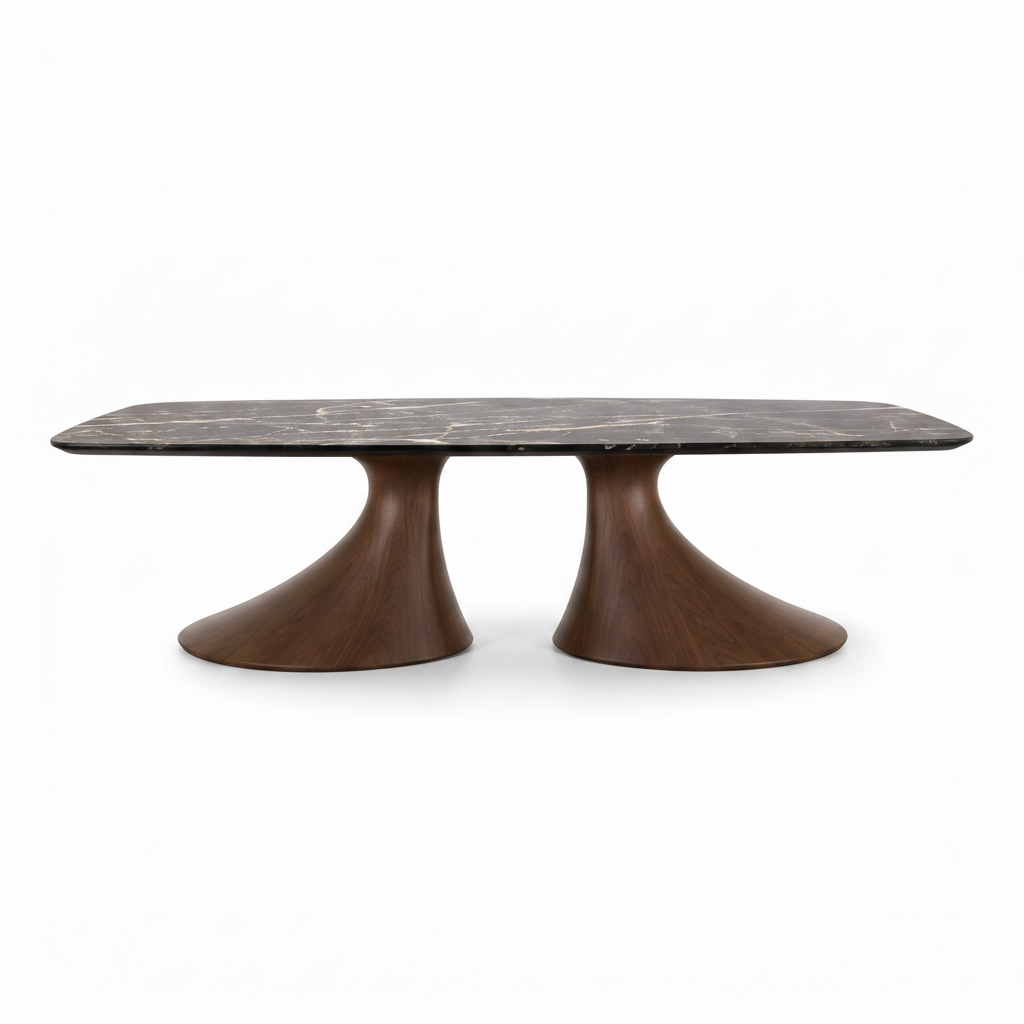 Luminara Marble Dining Table with natural marble top and ash wood base, straight-on front view on a white background