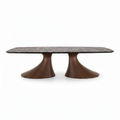 Luminara Marble Dining Table with natural marble top and ash wood base, straight-on front view on a white background