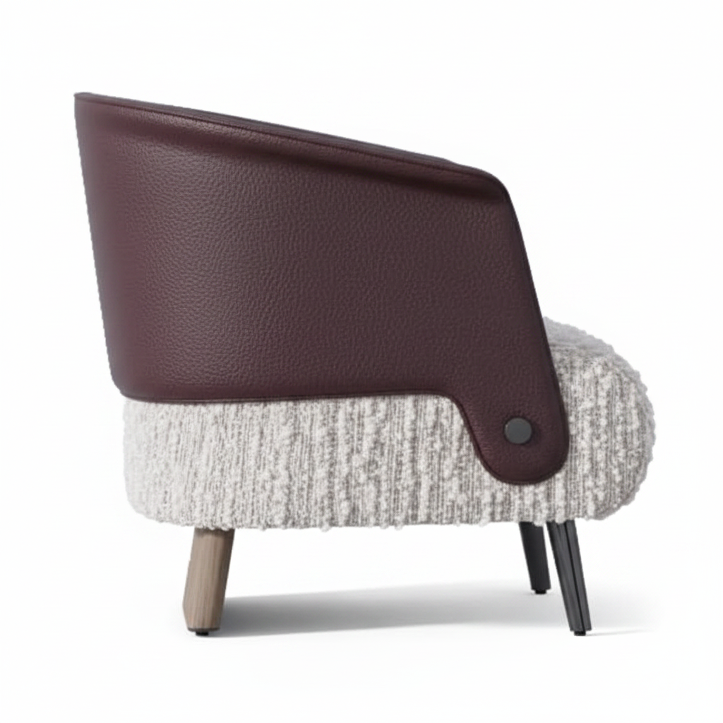 Mavero accent chair left-side view with opening facing right, plum brown leather and white boucle