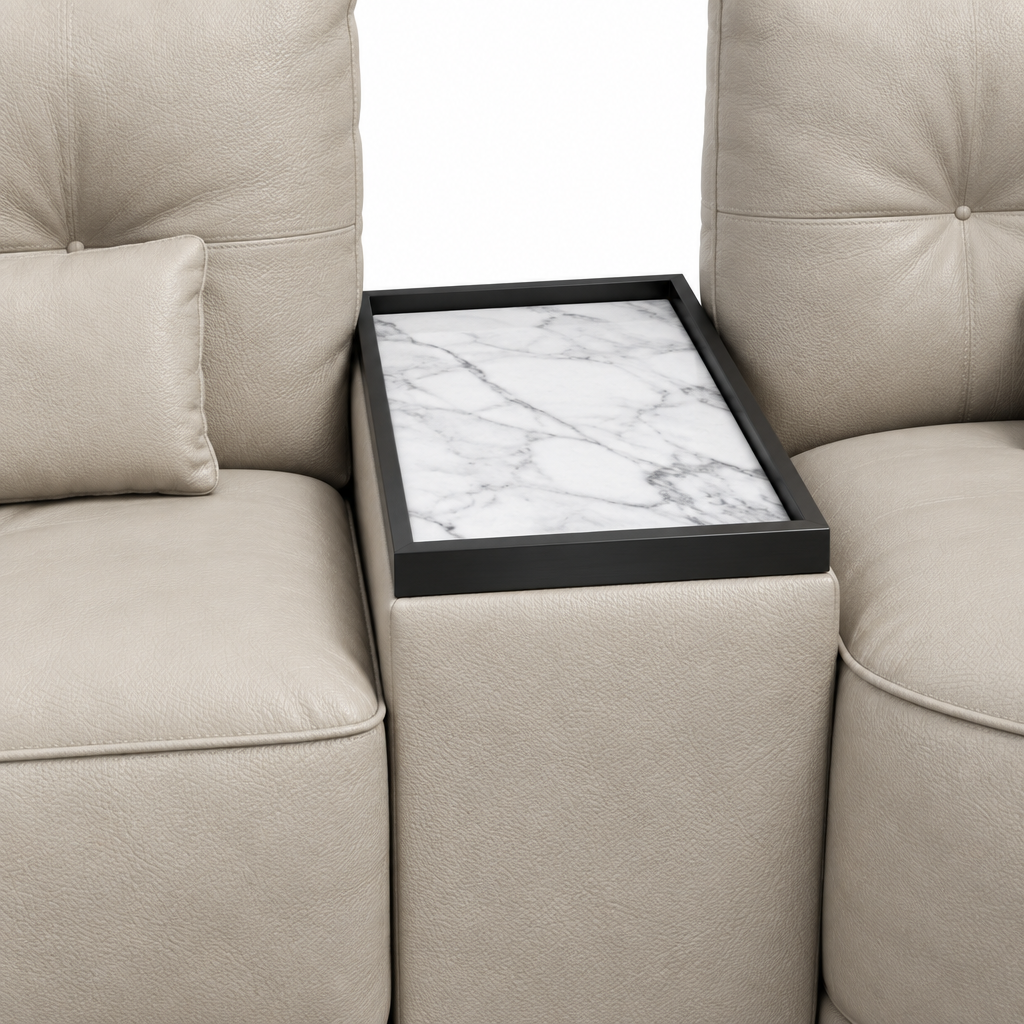 Quessaro Leather Sofa built-in marble top side table detail close-up