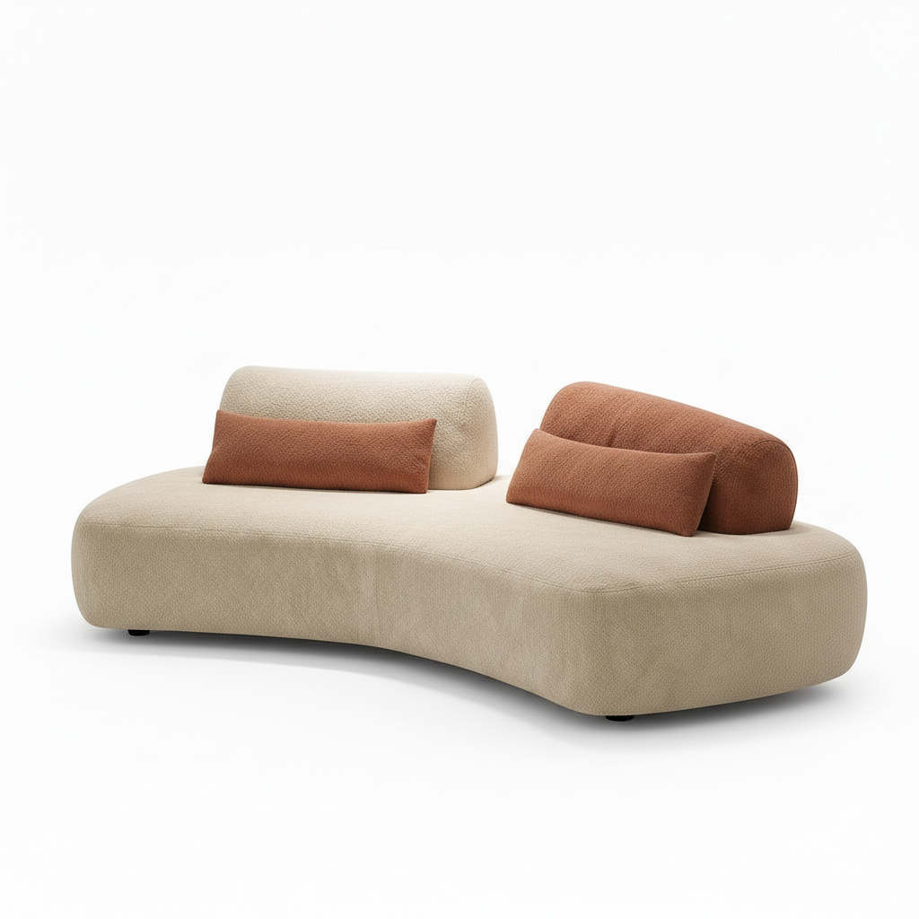 Lacour sectional showing rounded side profile, light neutral upholstery, brown accent cushions, and low black feet.