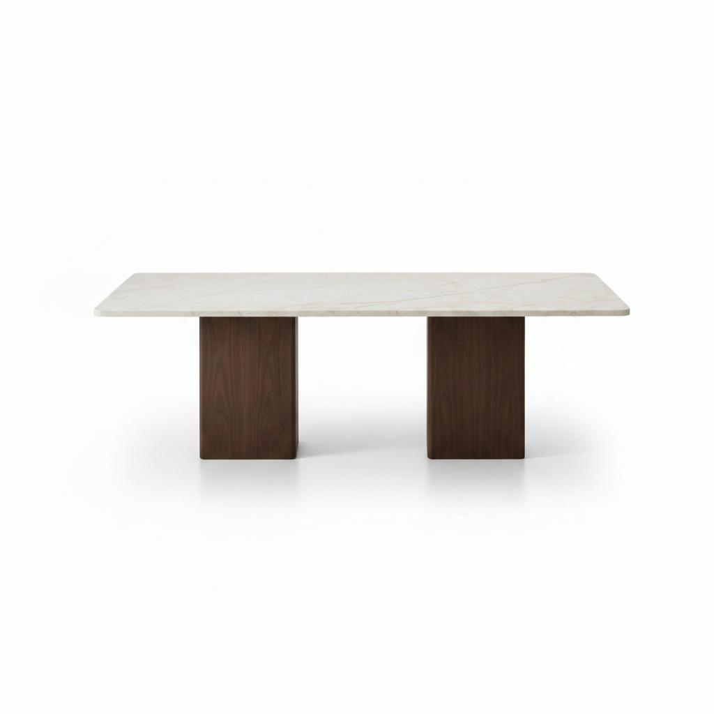 Lunavere Dining Table in marble and stainless steel, straight front view on white background