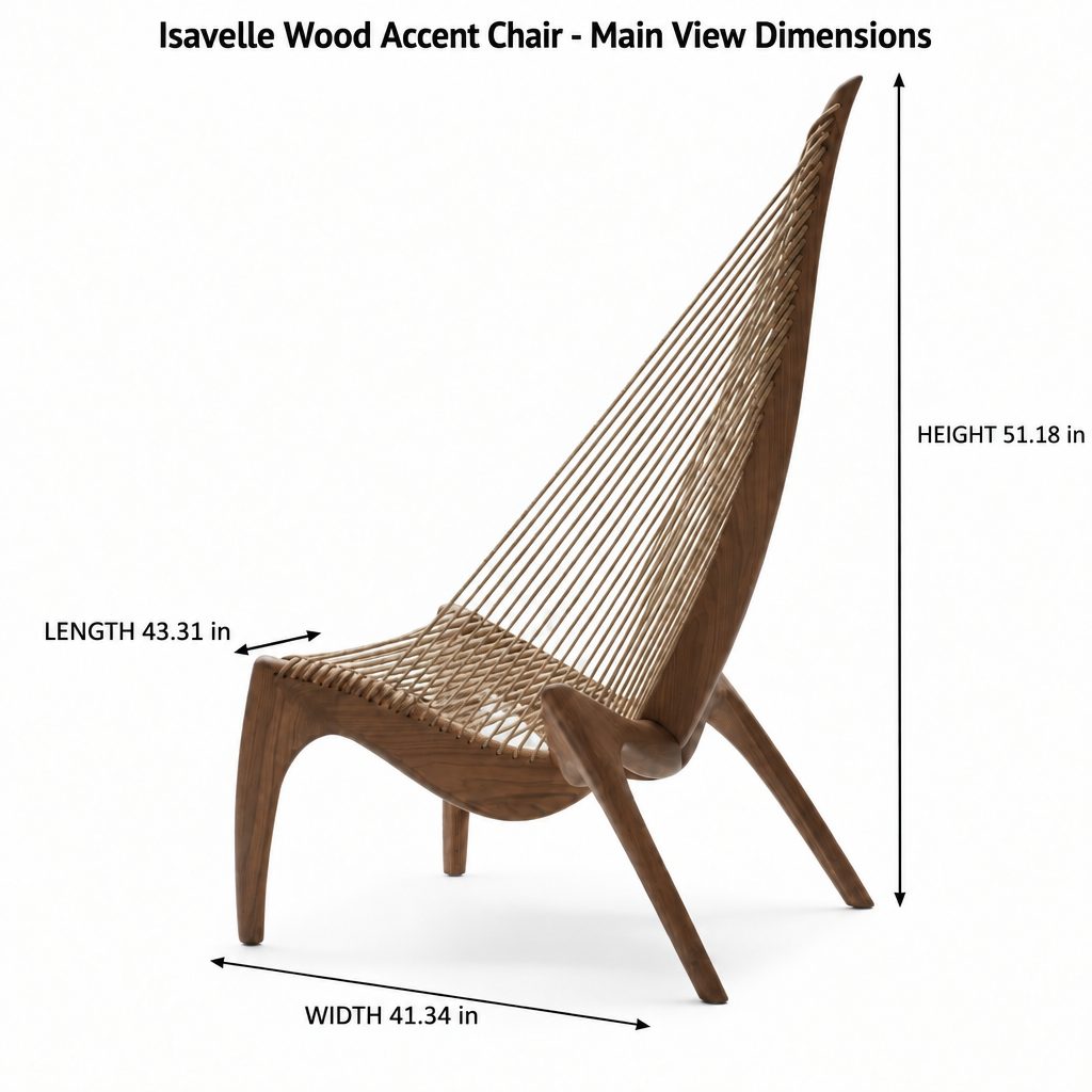 Isavelle Wood Accent Chair dimension diagram showing length 43.31 inches, width 41.34 inches, and height 51.18 inches.
