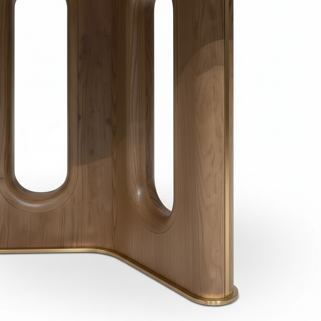 Isolde Round Dining Table wood panel opening and brass trim detail