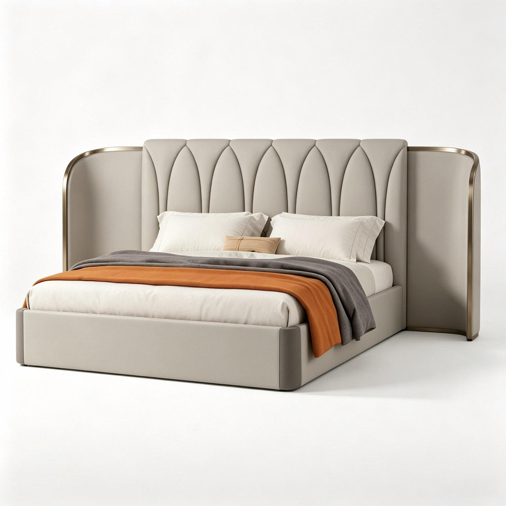 Iveronne Bed three-quarter view with footboard left foreground and headboard right background on a white background