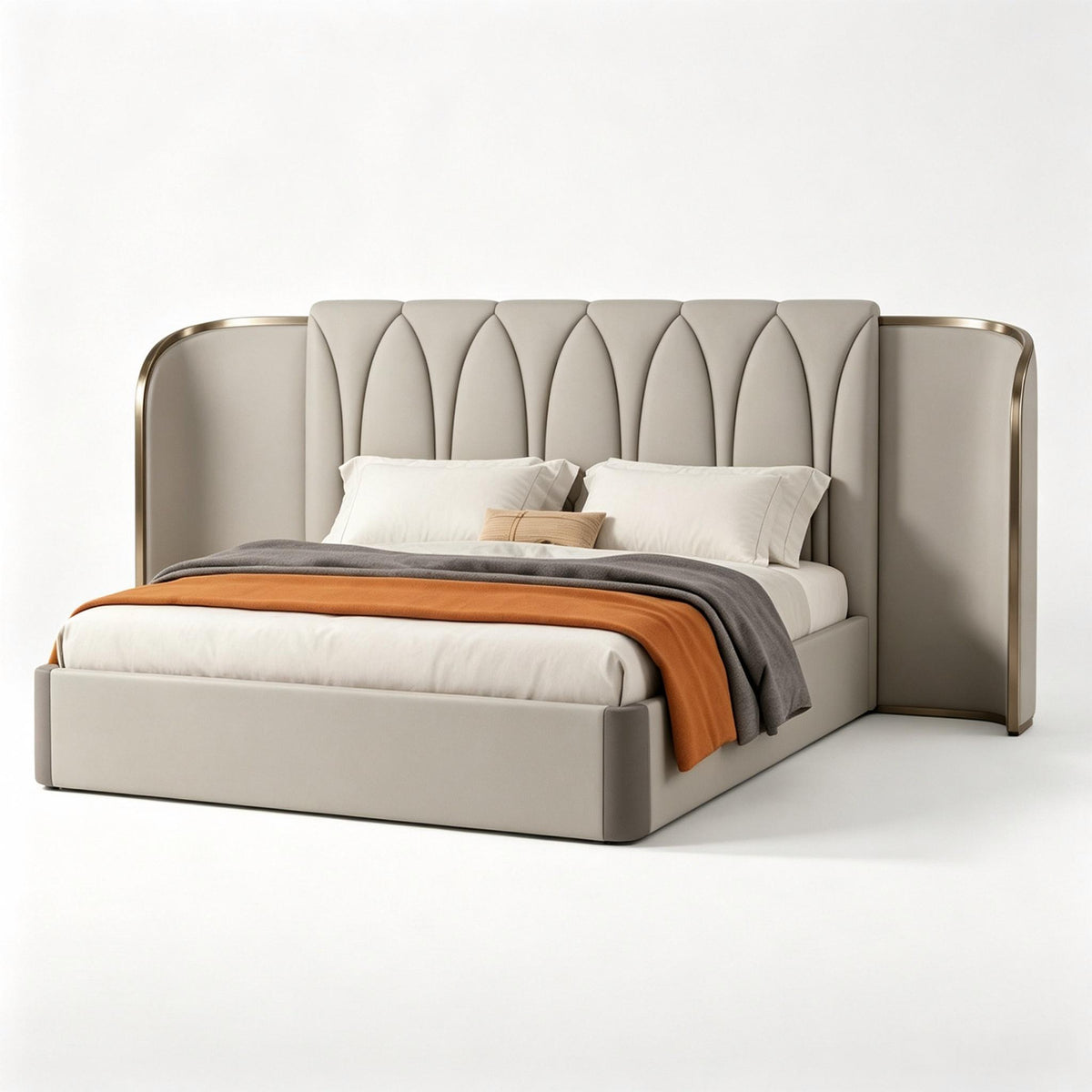 Iveronne Bed three-quarter view with footboard left foreground and headboard right background on a white background