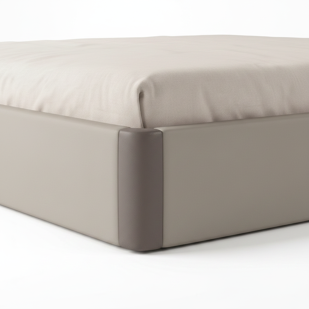 Iveronne Bed close-up of footboard and side rail frame detail on a white background