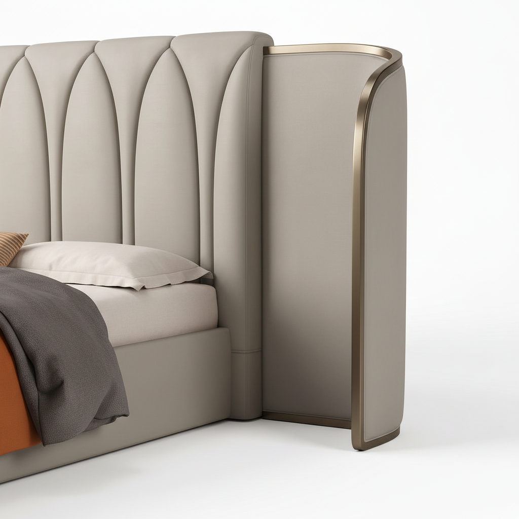 Iveronne Bed close-up of wingback side panel and metal trim detail on a white background