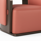 Jasvane Accent Chair bottom detail showing the leather upholstery, wood veneer base, and lower chair trim