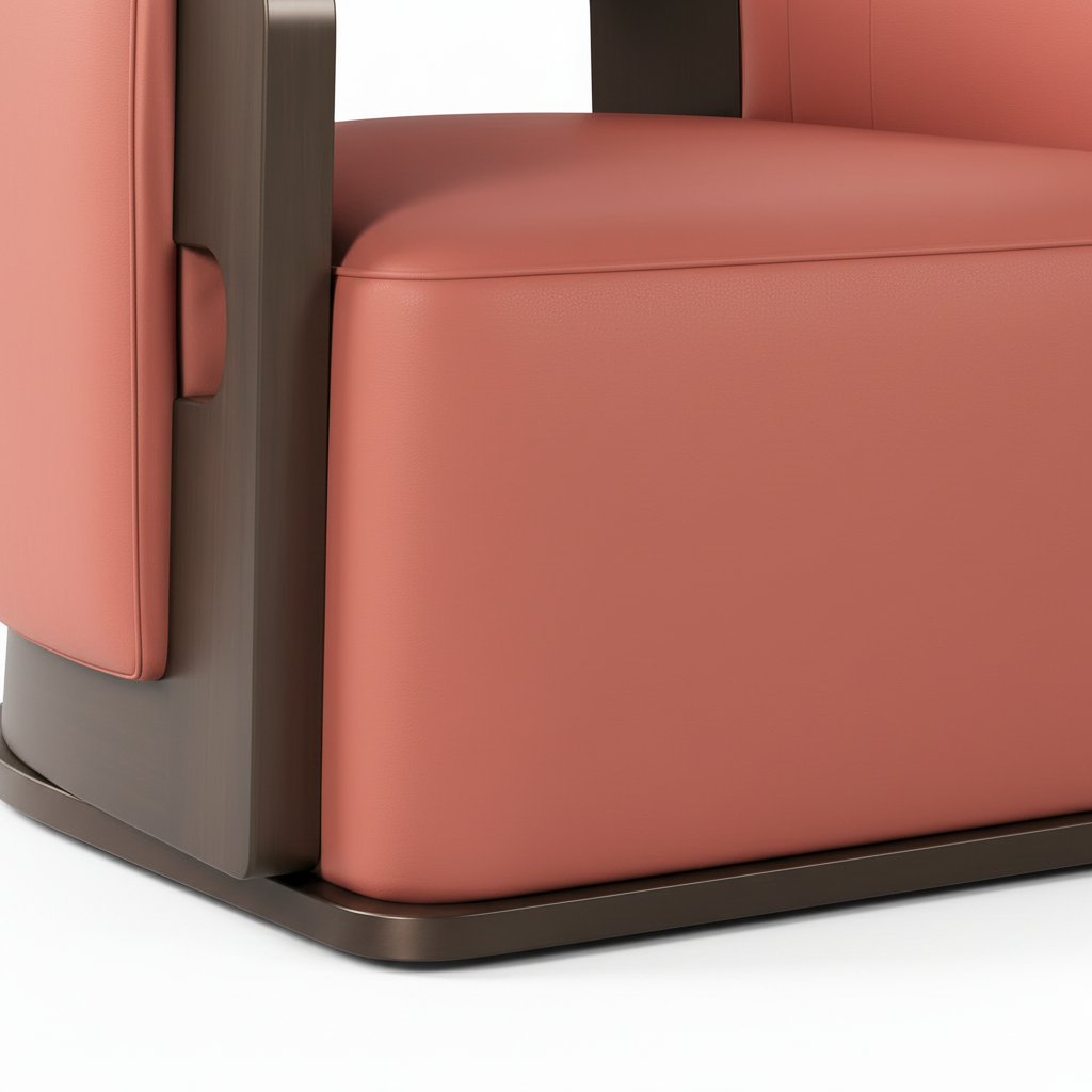 Jasvane Accent Chair bottom detail showing the leather upholstery, wood veneer base, and lower chair trim