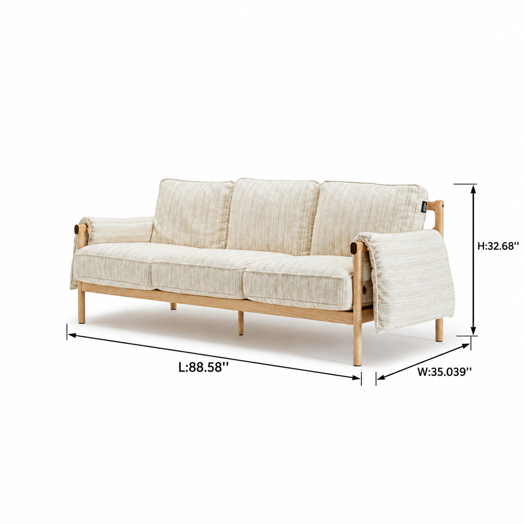 Jovarin Wood Sofa — dimensions on white background