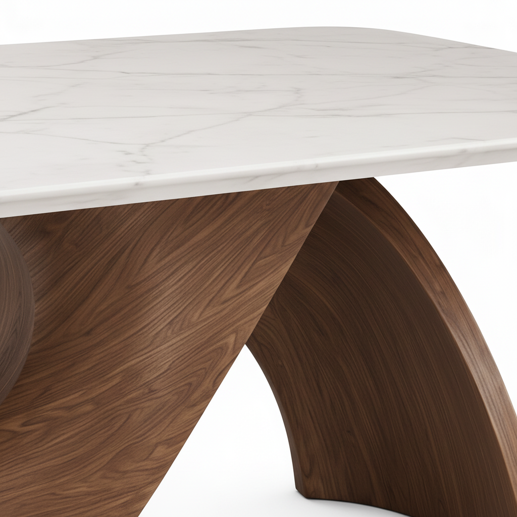 Jovienne Coffee Table curved ash wood base and marble top detail