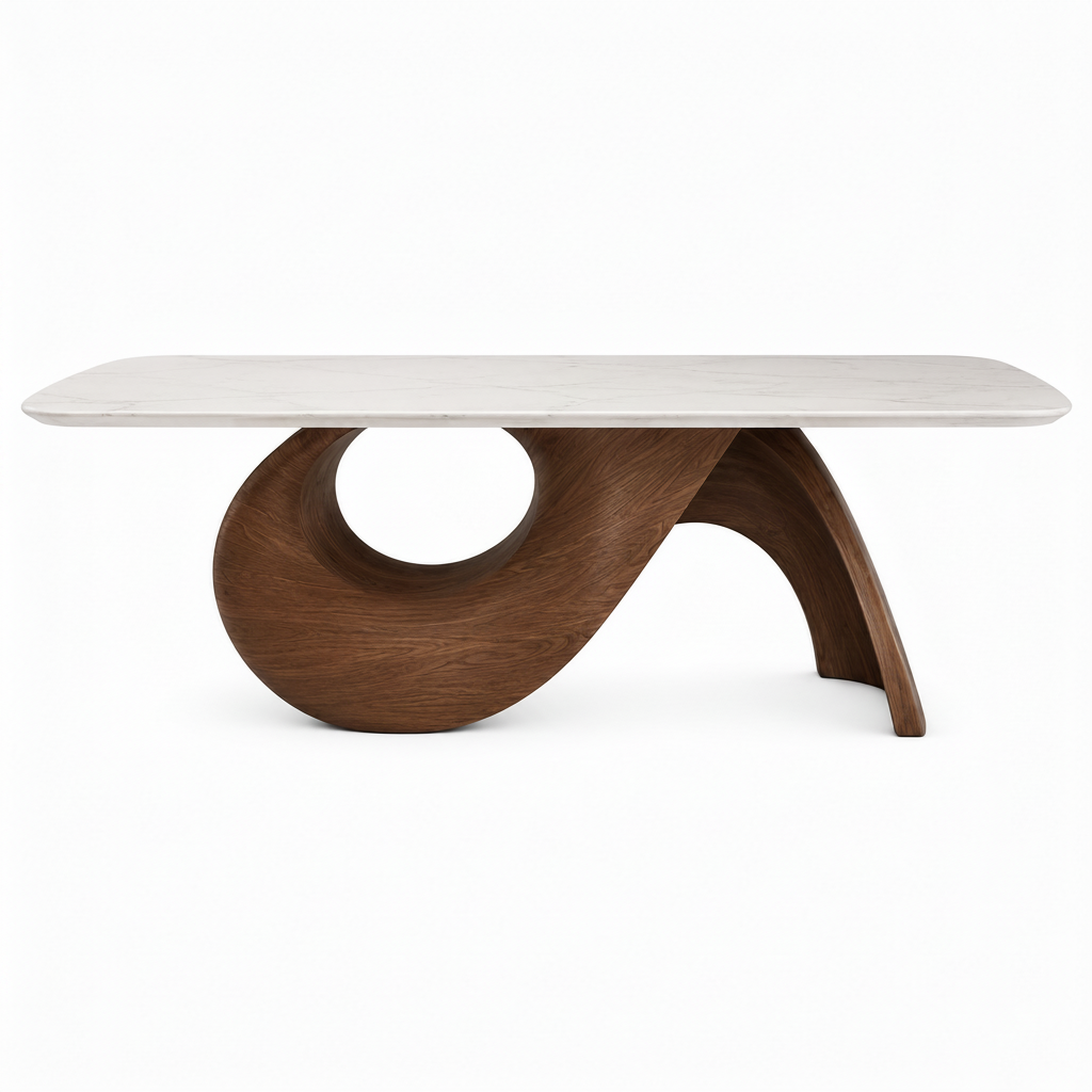 Jovienne Coffee Table white marble top and solid ash wood straight front view