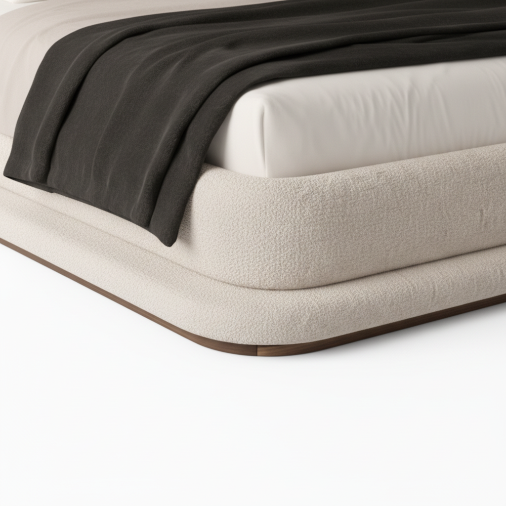 Kendric Bed close-up of cream fabric headboard, white pillows, and black throw