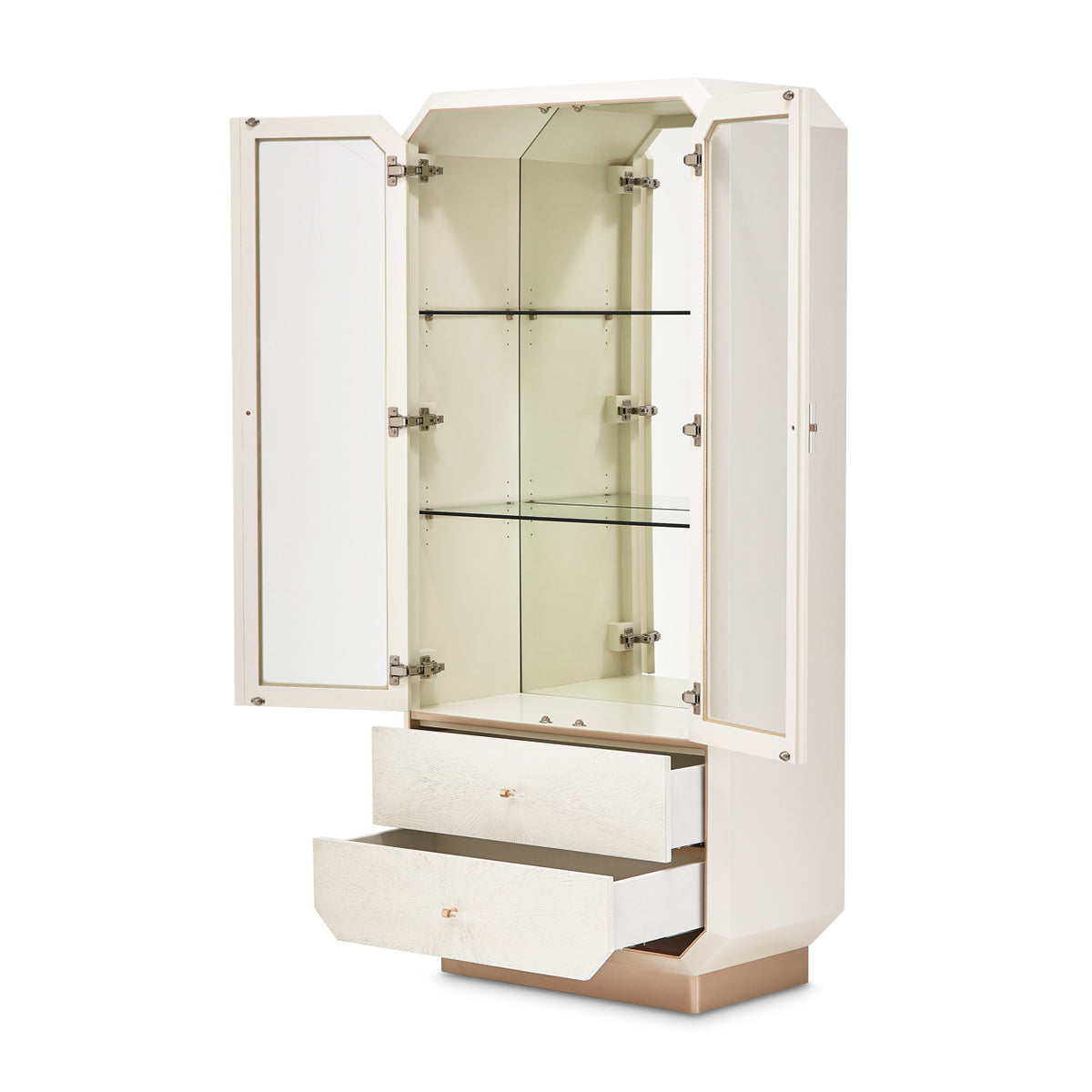 La Rachelle Display Cabinet — Open glass doors and storage drawers