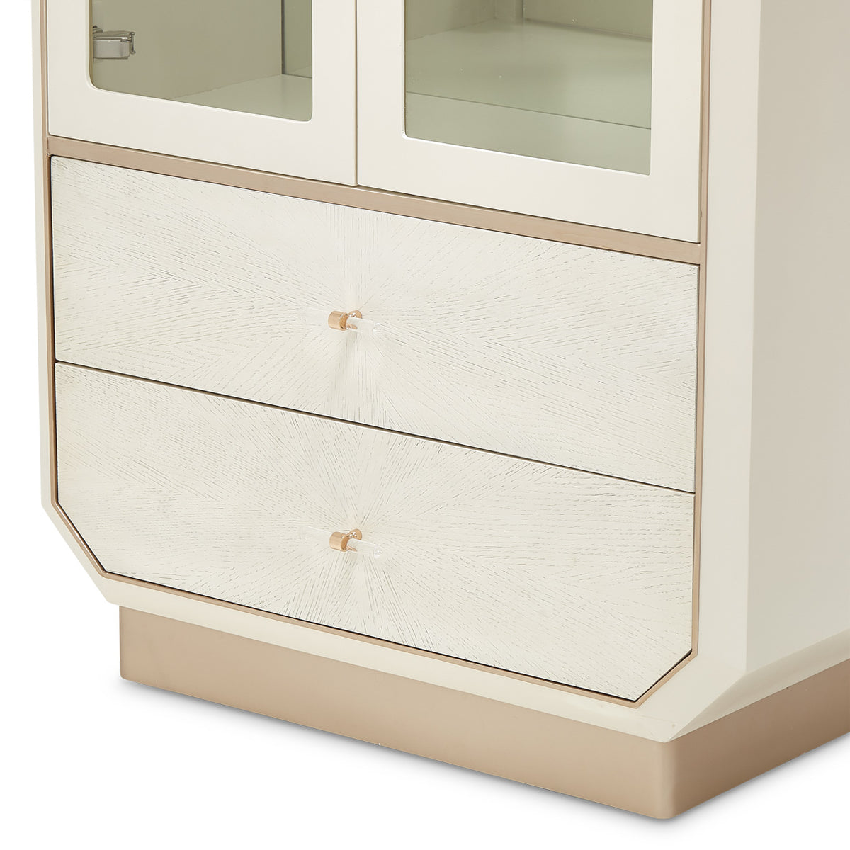 La Rachelle Display Cabinet — Sunburst veneer drawer-front detail