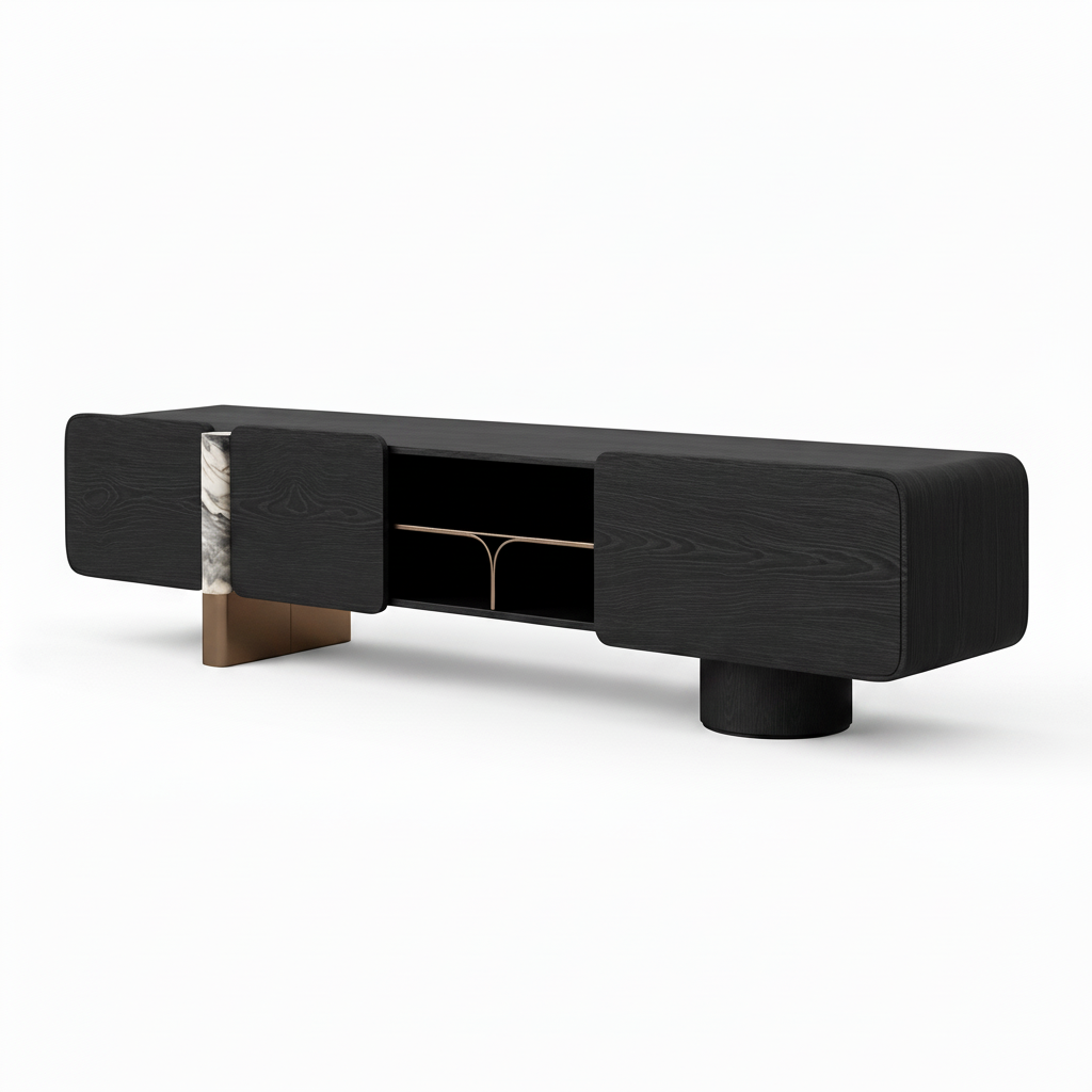 Lioren TV Stand — front left 45° view with doors closed, white background