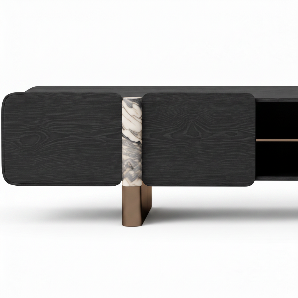 Lioren TV Stand on a white background, close-up detail of rounded cabinet, marble accent, and central compartment