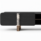 Lioren TV Stand on a white background, close-up detail of rounded cabinet, marble accent, and central compartment