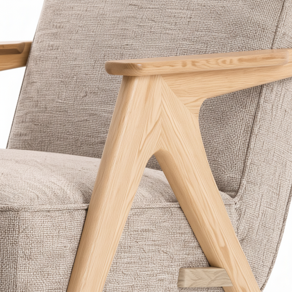 Lorquette Accent Chair close-up showing the crafted wooden armrest detail