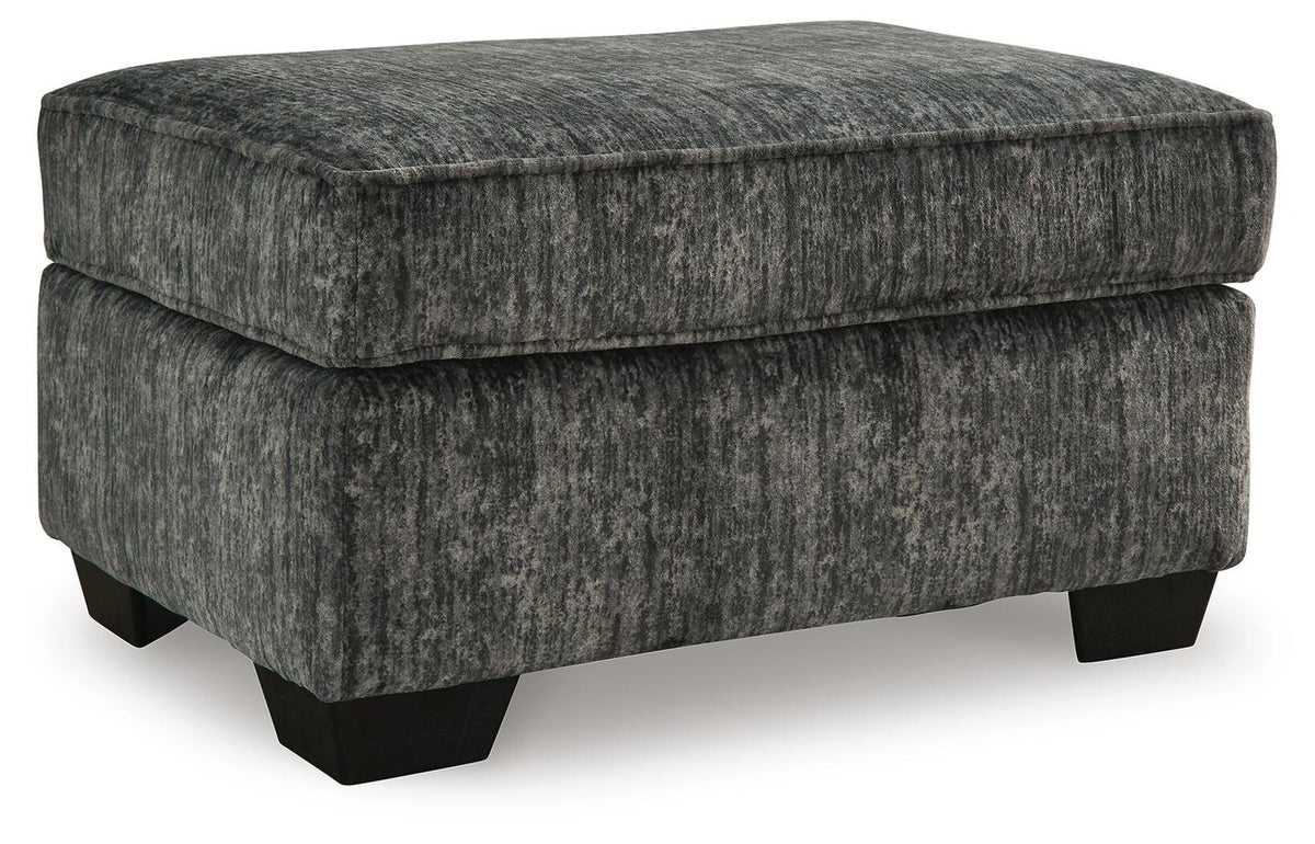 Lonoke Gunmetal Ottoman — white background three-quarter view