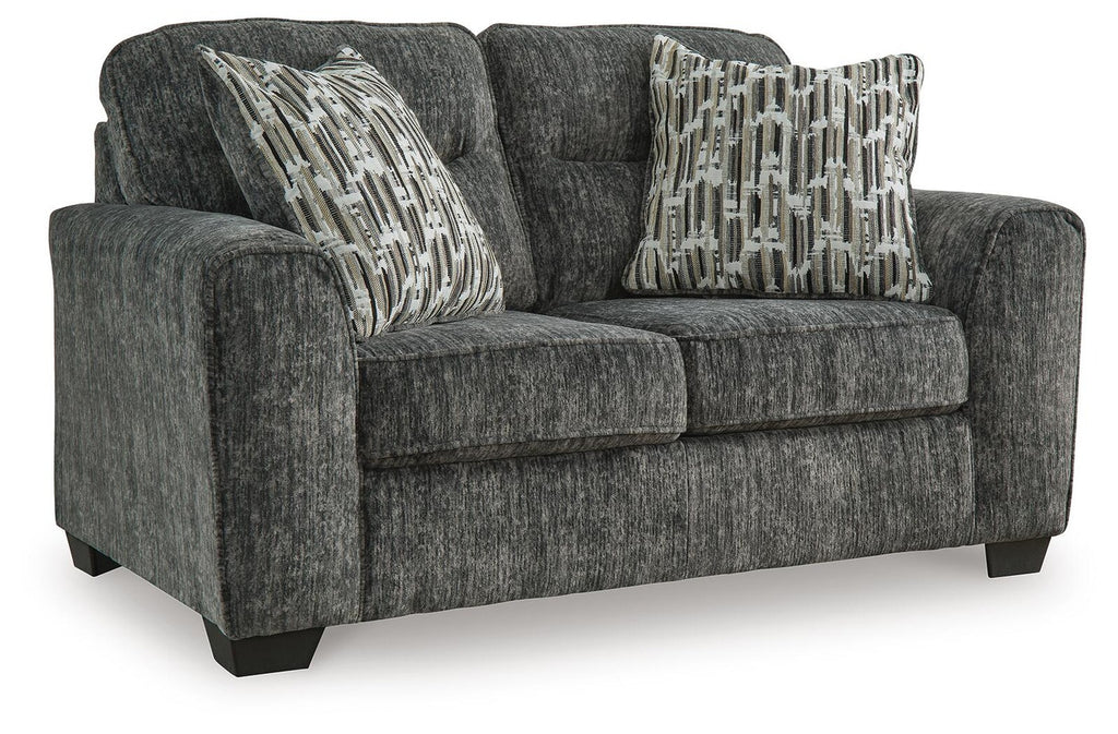 Lonoke Gunmetal Loveseat — white background three-quarter view