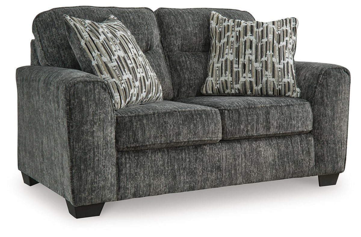 Lonoke Gunmetal Loveseat — white background three-quarter view