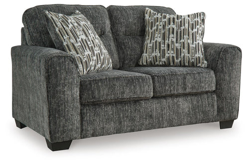 Lonoke Gunmetal Loveseat — white background three-quarter view
