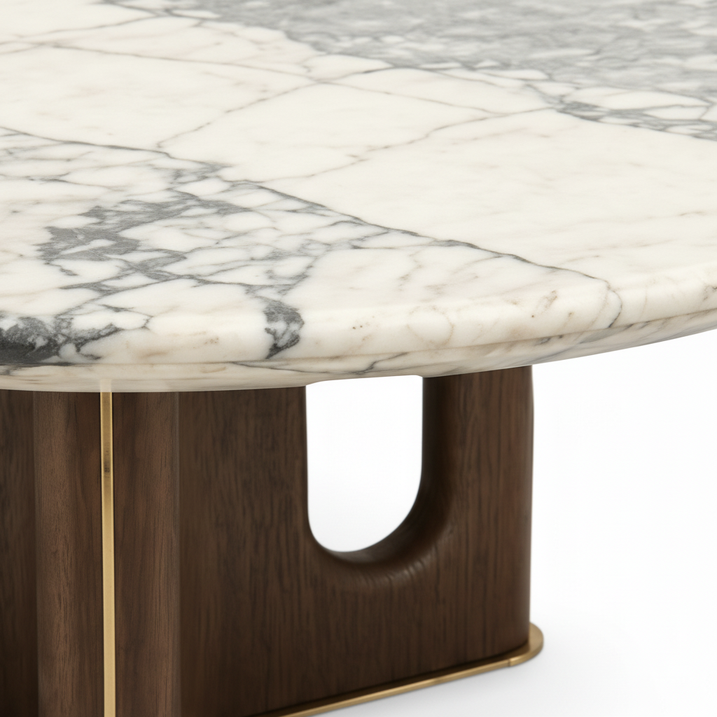 Lysandra Coffee Table round marble edge and dark wood veneer detail