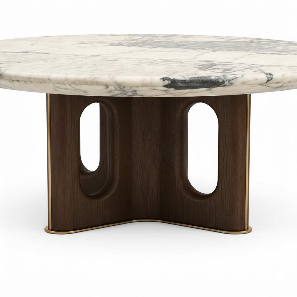 Lysandra Coffee Table round tabletop dark wood base and support detail