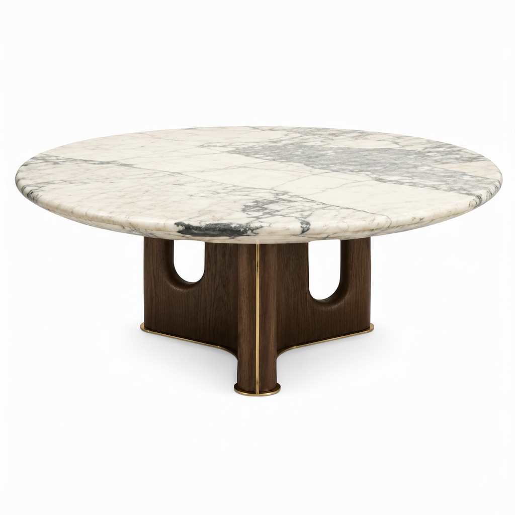 Lysandra Coffee Table round white marble coffee table front view with dark wood base