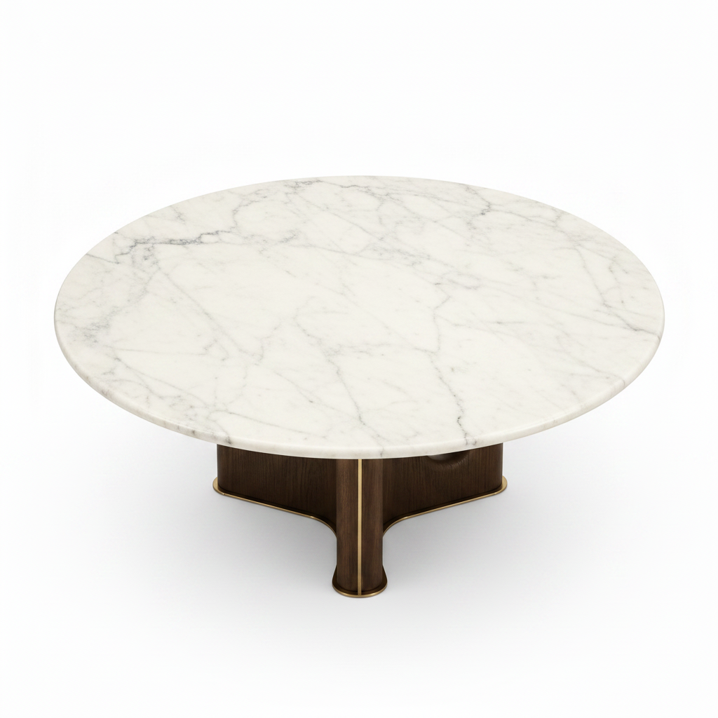 Lysandra Coffee Table round white marble tabletop overhead view with dark wood base
