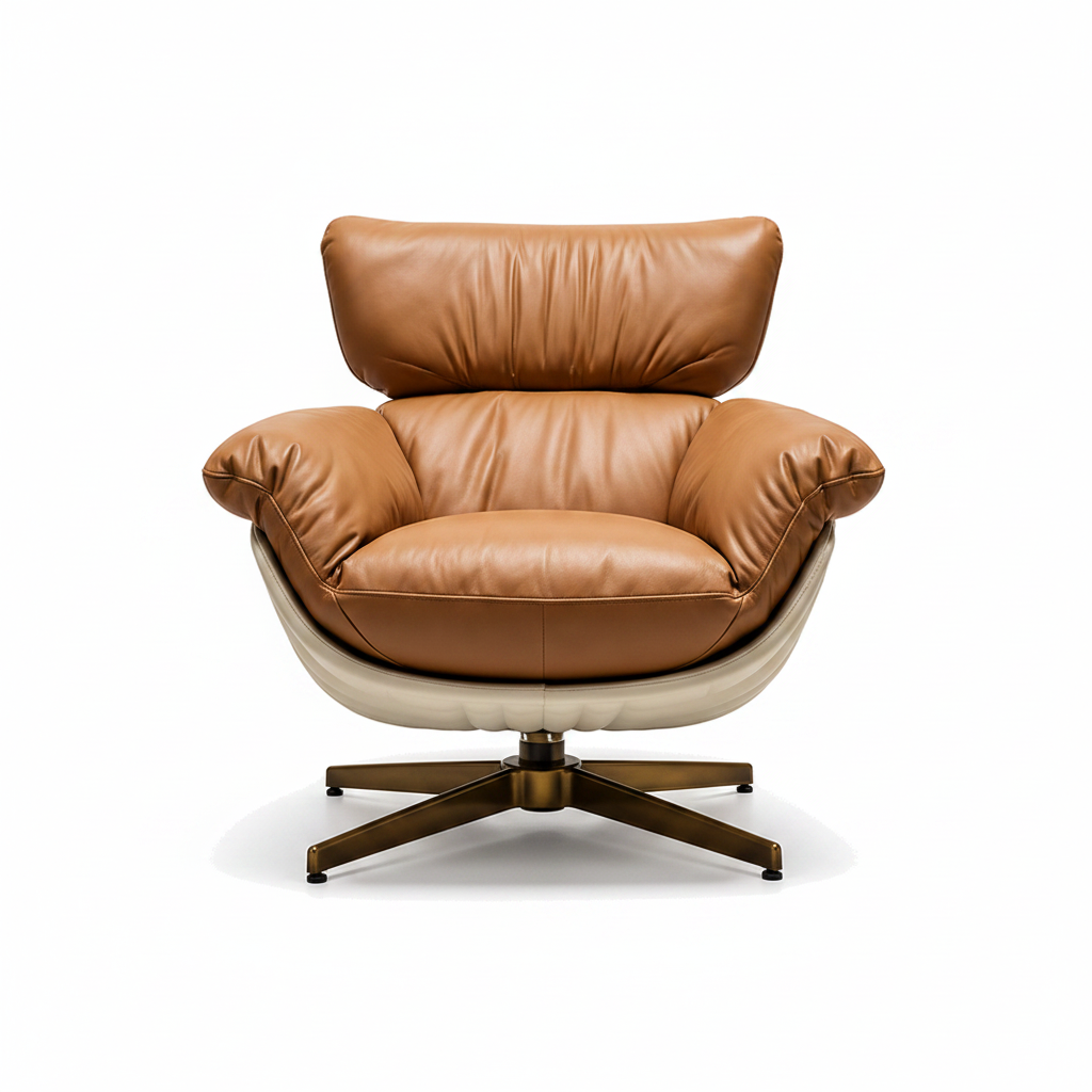 Marcellis Accent Chair front view showing the padded seat, curved backrest, armrests, and bronze base.