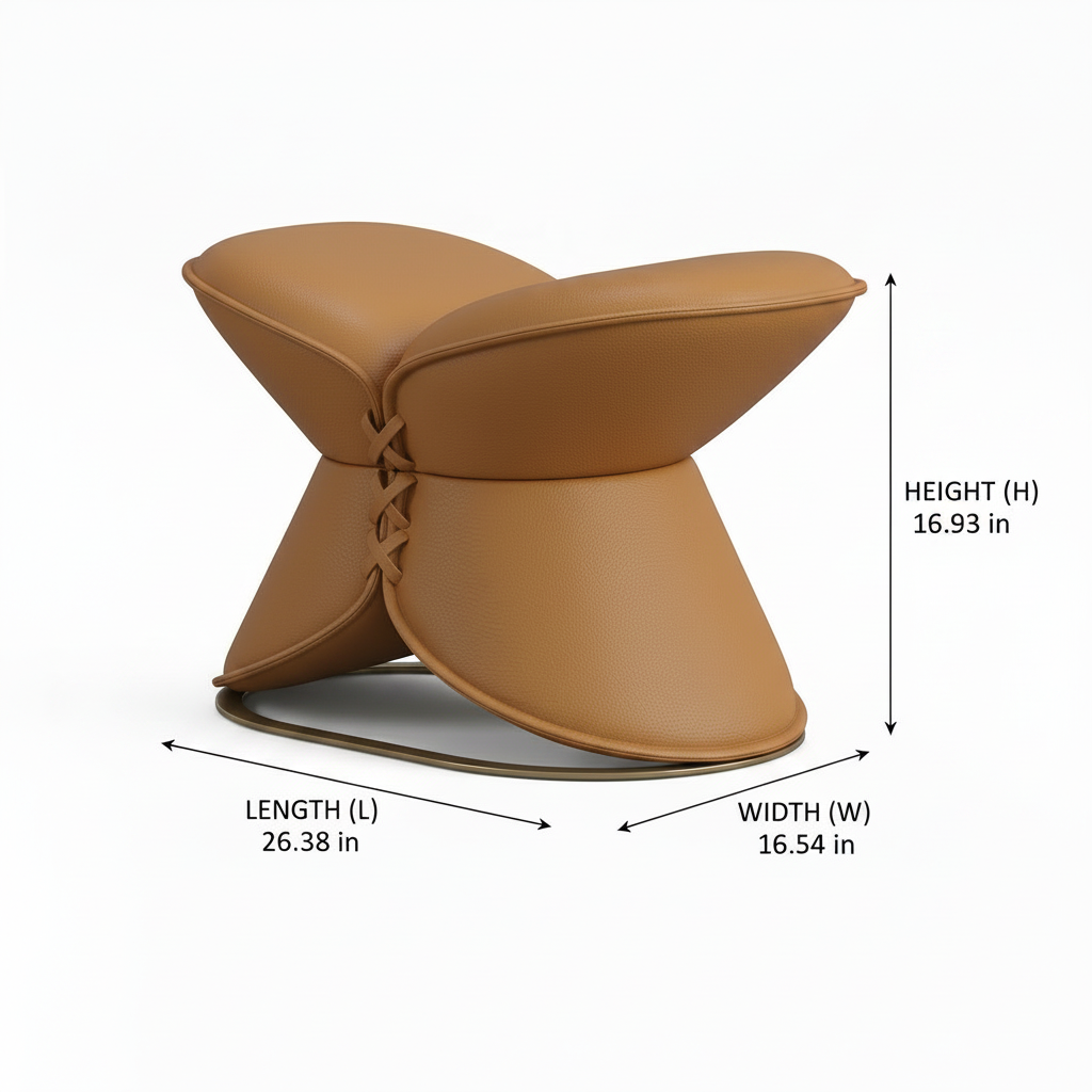 Mavero Vanity Stool dimension diagram showing length 26.38 inches, width 16.54 inches, and height 16.93 inches