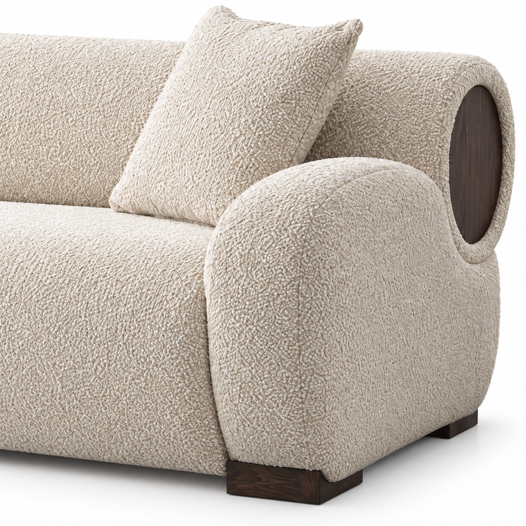 Mazarin Sofa — visible right armrest, its front facing surface and its junction with the seat (detail edited from existing product photo)