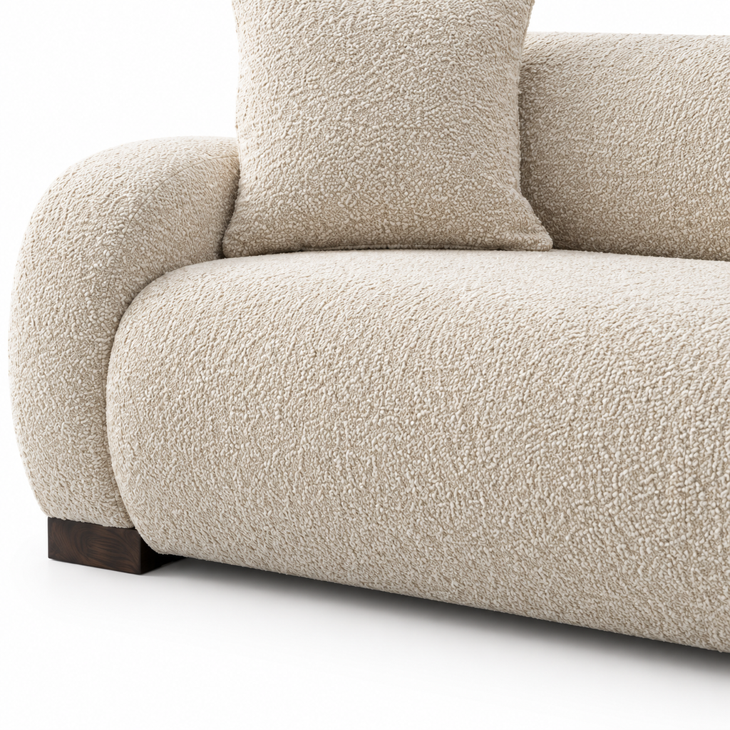 Mazarin Sofa — visible seat cushions, their seams, and the lower front base beneath them (detail edited from existing product photo)