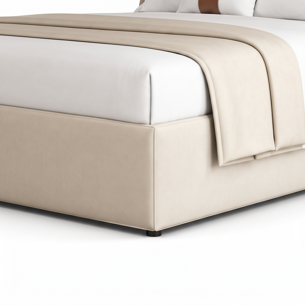 Merenza Bed close-up of footboard and support feet detail on a white background