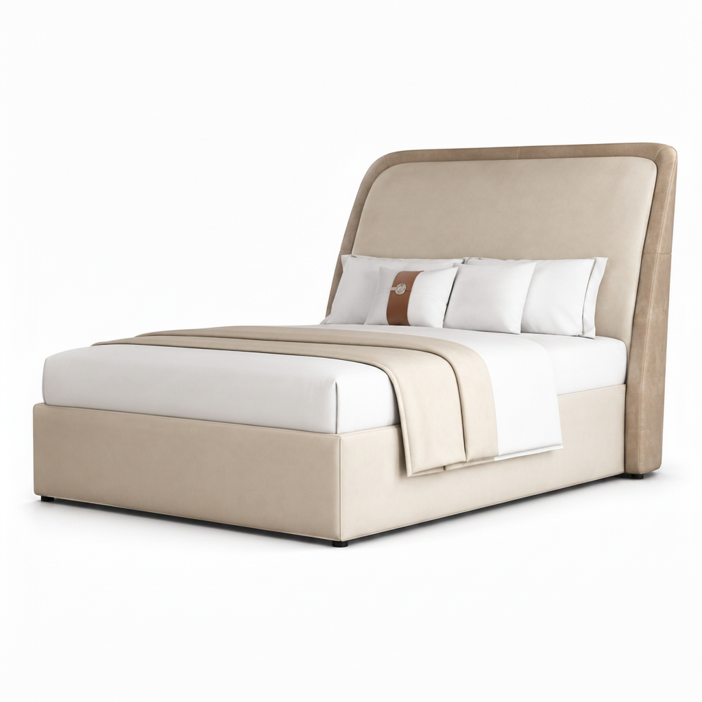 Merenza Bed three-quarter view with headboard right rear and footboard left front on a white background