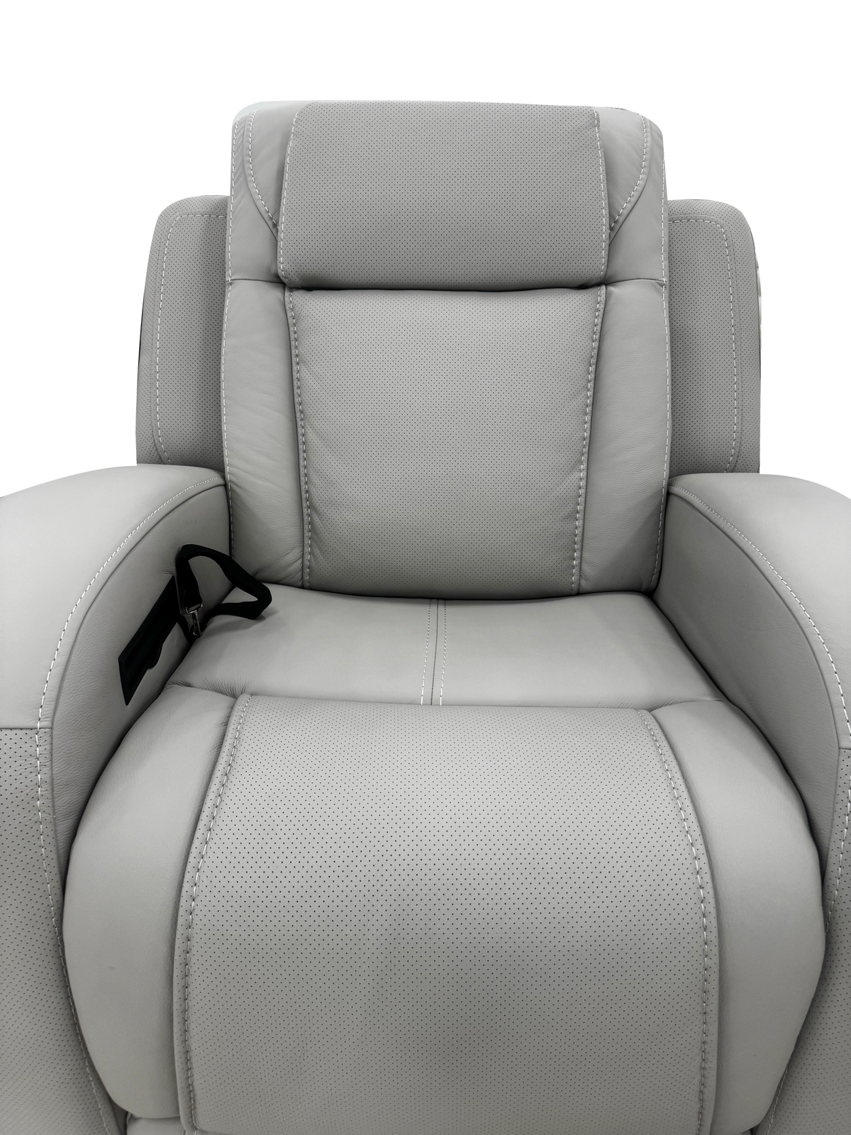 Montreval Armchair in grey upholstery, seat, backrest and inner-arm detail, white background