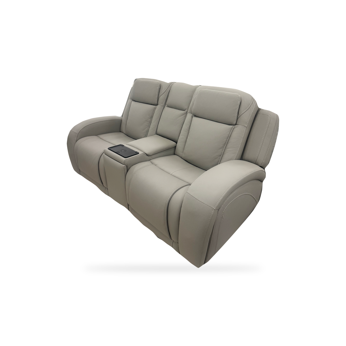 Montreval Console Loveseat in grey upholstery, complete front three-quarter view with fixed center console, white background