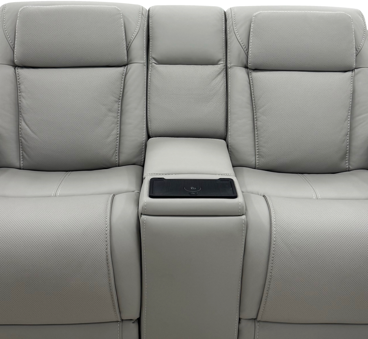 Montreval Console Loveseat in grey upholstery, frontal interior, backrest and seat detail, white background