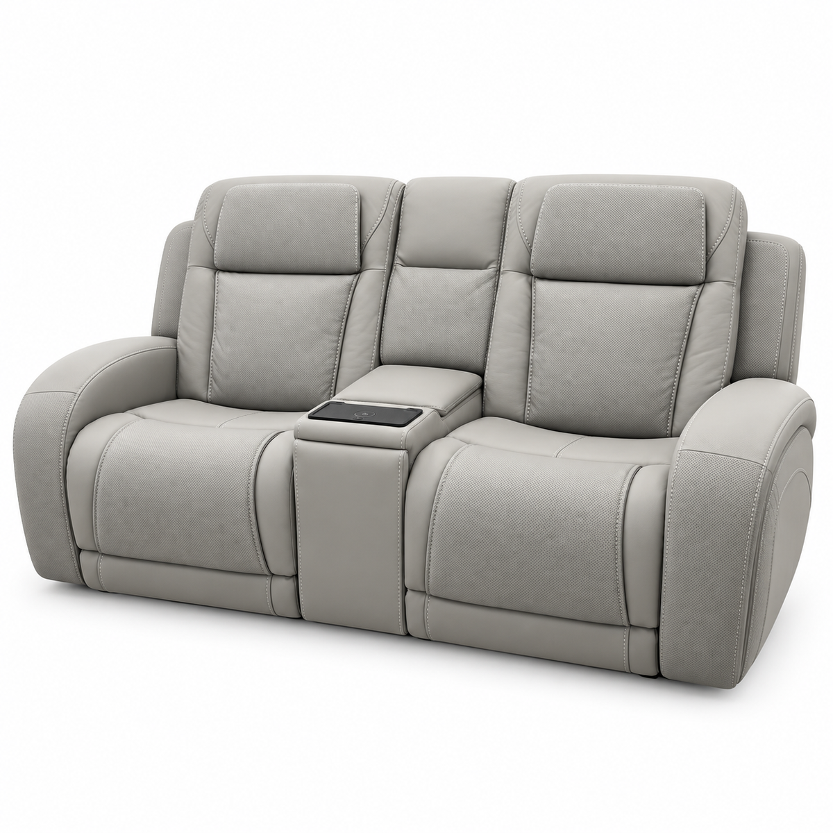 Montreval Reclining Console Loveseat in grey, bright front-right view with two seats, fixed console and closed footrests