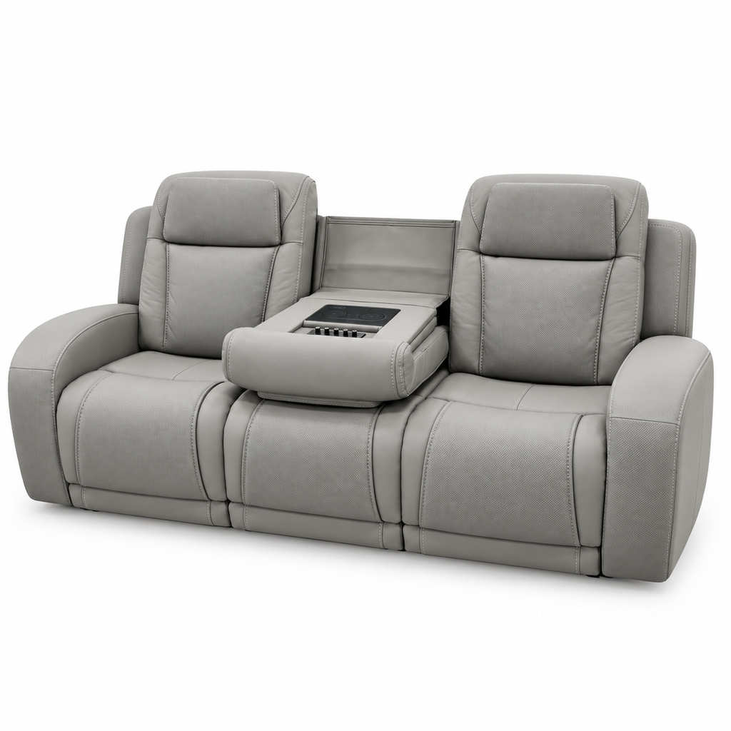 Montreval Reclining Sofa in grey, bright front-right view with fold-down center table and closed footrests