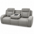 Montreval Reclining Sofa in grey, bright front-right view with fold-down center table and closed footrests