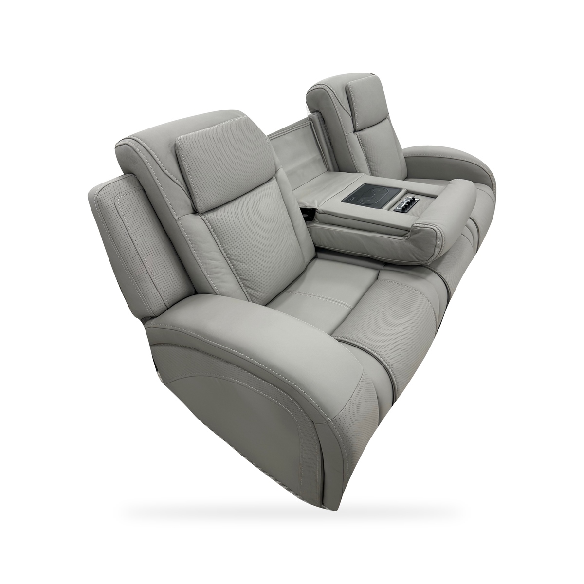 Montreval Sofa in grey upholstery, complete front three-quarter view with center back folded down, white background