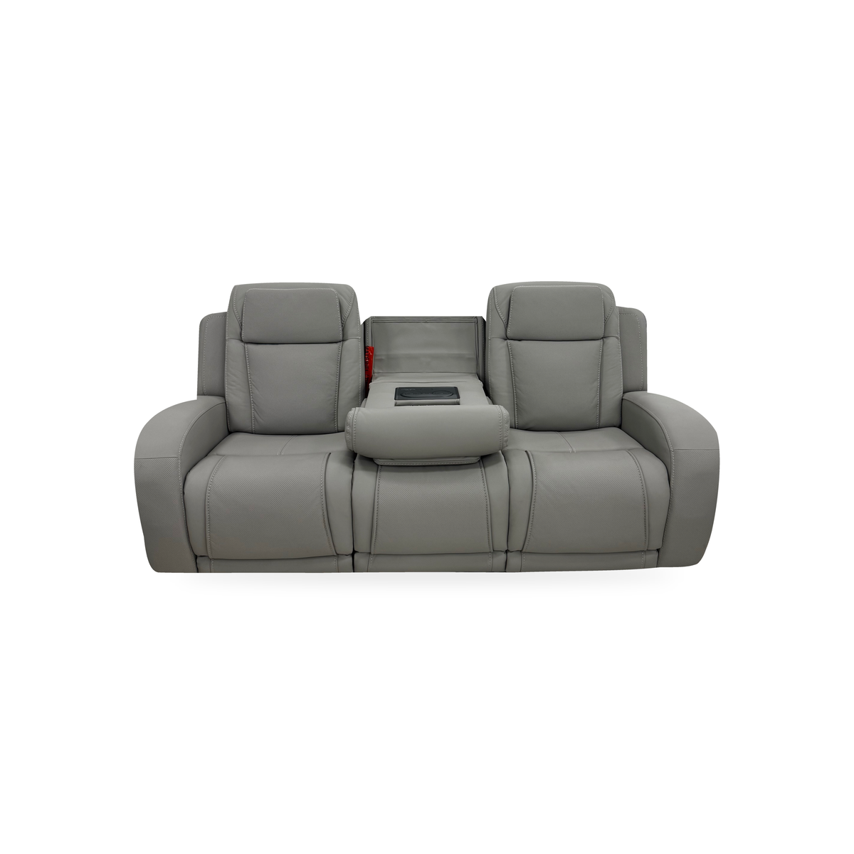 Montreval Sofa in grey upholstery, complete frontal view with center back folded down, white background