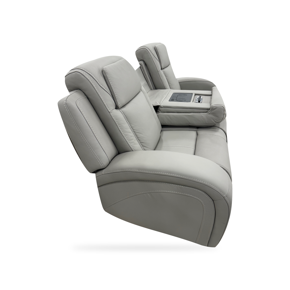 Montreval Sofa in grey upholstery, complete side view with center back folded down, white background